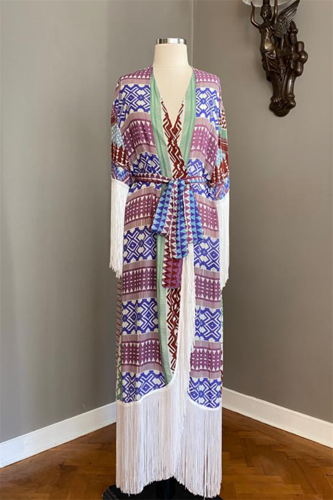 Geometrik Desenli Püsküllü Kimono
